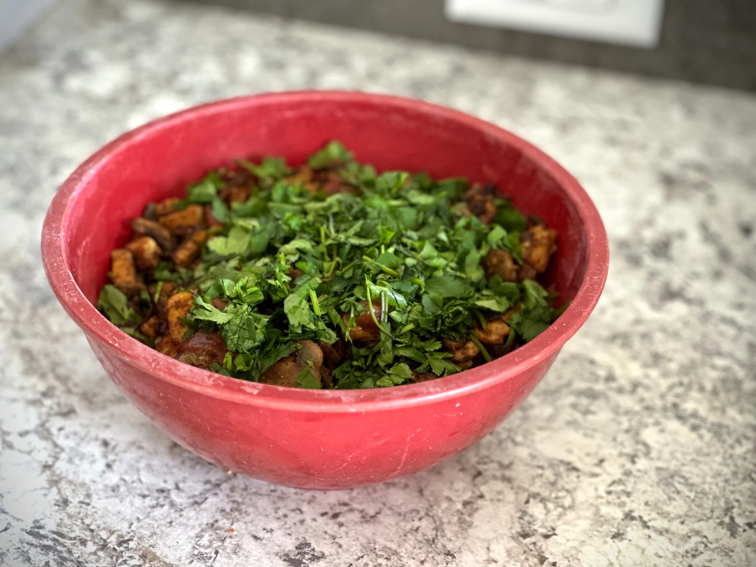 Spicy Mushroom and Tempeh Taco Salad with Spring Mix and Great Northern Beans